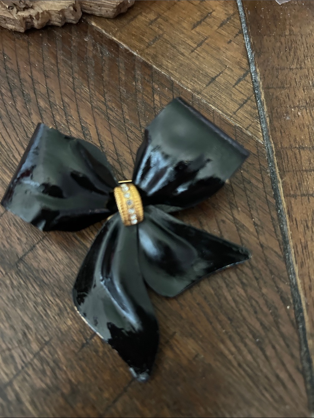 Black Patent Bow Brooch with Gold and Crystal Band Brooch